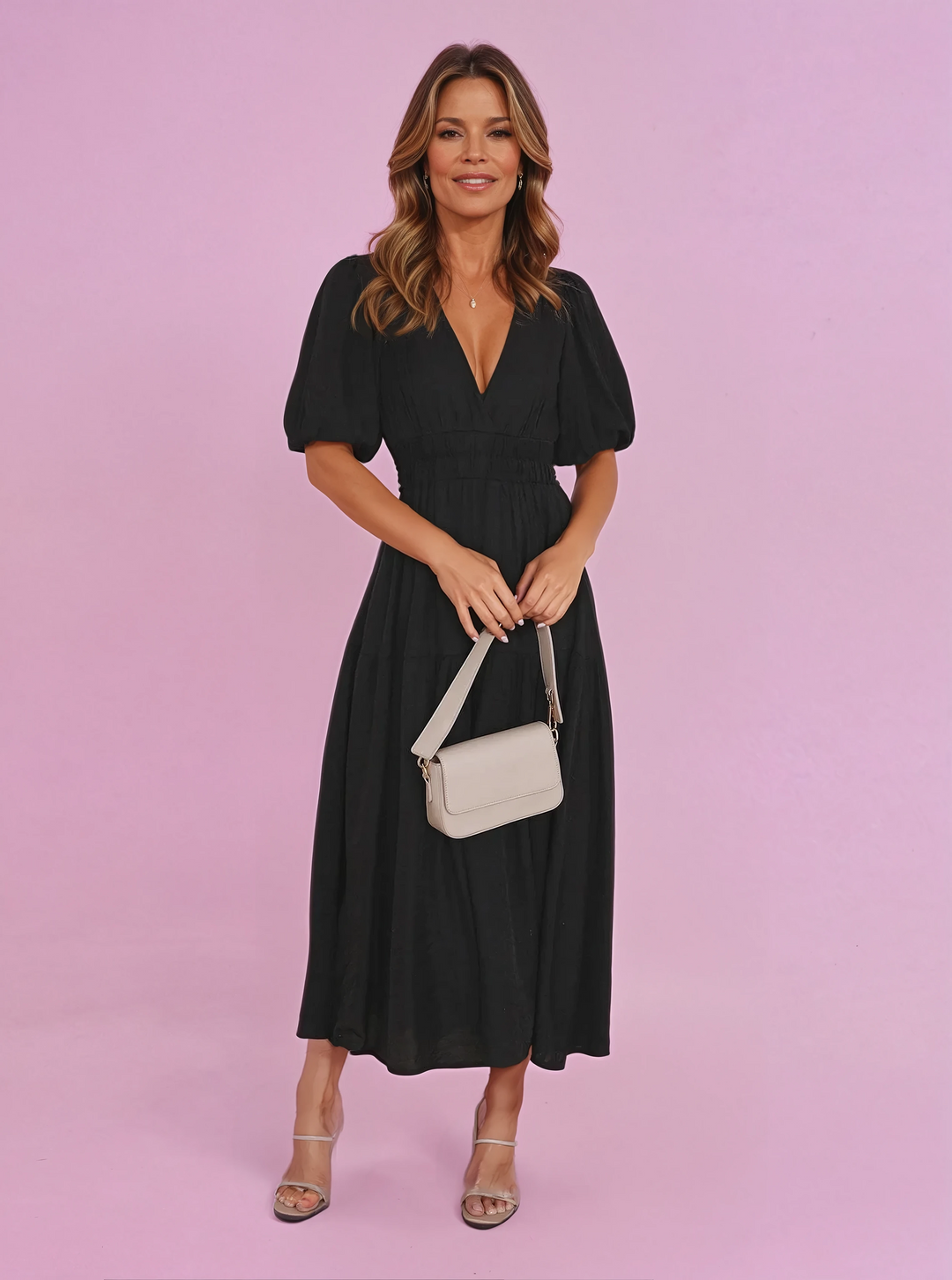 Women's elegant smocked V-neck cocktail midi dress, perfect for parties & formal occasions.