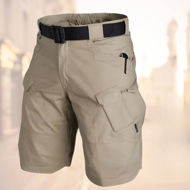 Black men's multi-pocket cargo shorts, perfect for active wear, outdoor adventures & summer activities.