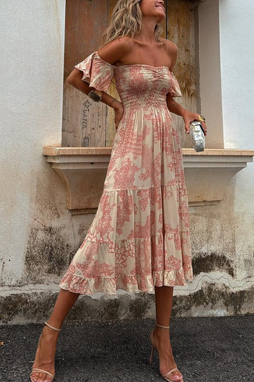 Elegant pink off-shoulder smocked midi dress for women with tiered ruffles, perfect for summer holidays & parties.