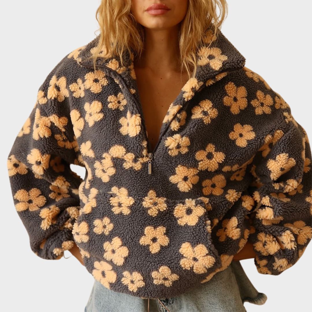 Women's floral quarter zip sweater, a cozy and stylish long sleeve pullover perfect for casual wear.