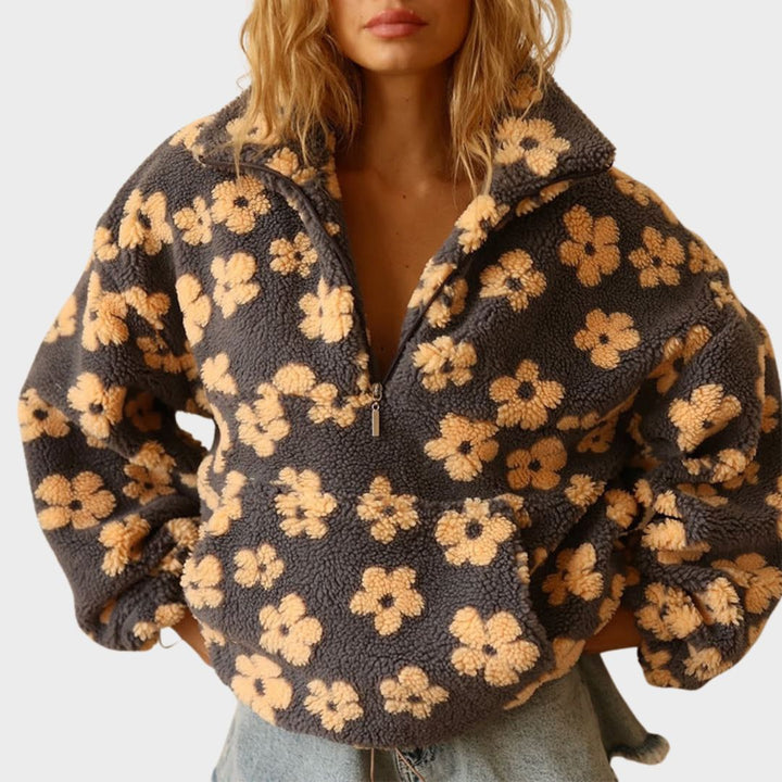 Women's floral quarter zip sweater, a cozy and stylish long sleeve pullover perfect for casual wear.