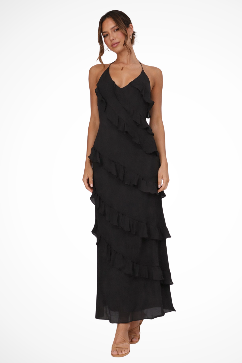 Comfortable flowy summer maxi dress with a chic halter neck and delicate ruffles for women's elegant style.
