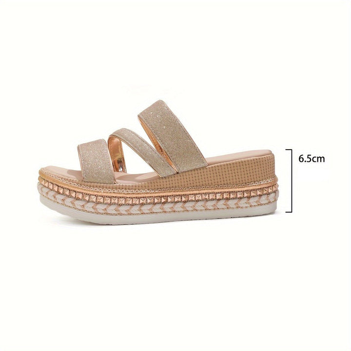 Women's elegant rose gold multi-strap platform heels. Perfect open-toe party sandals & dress footwear.
