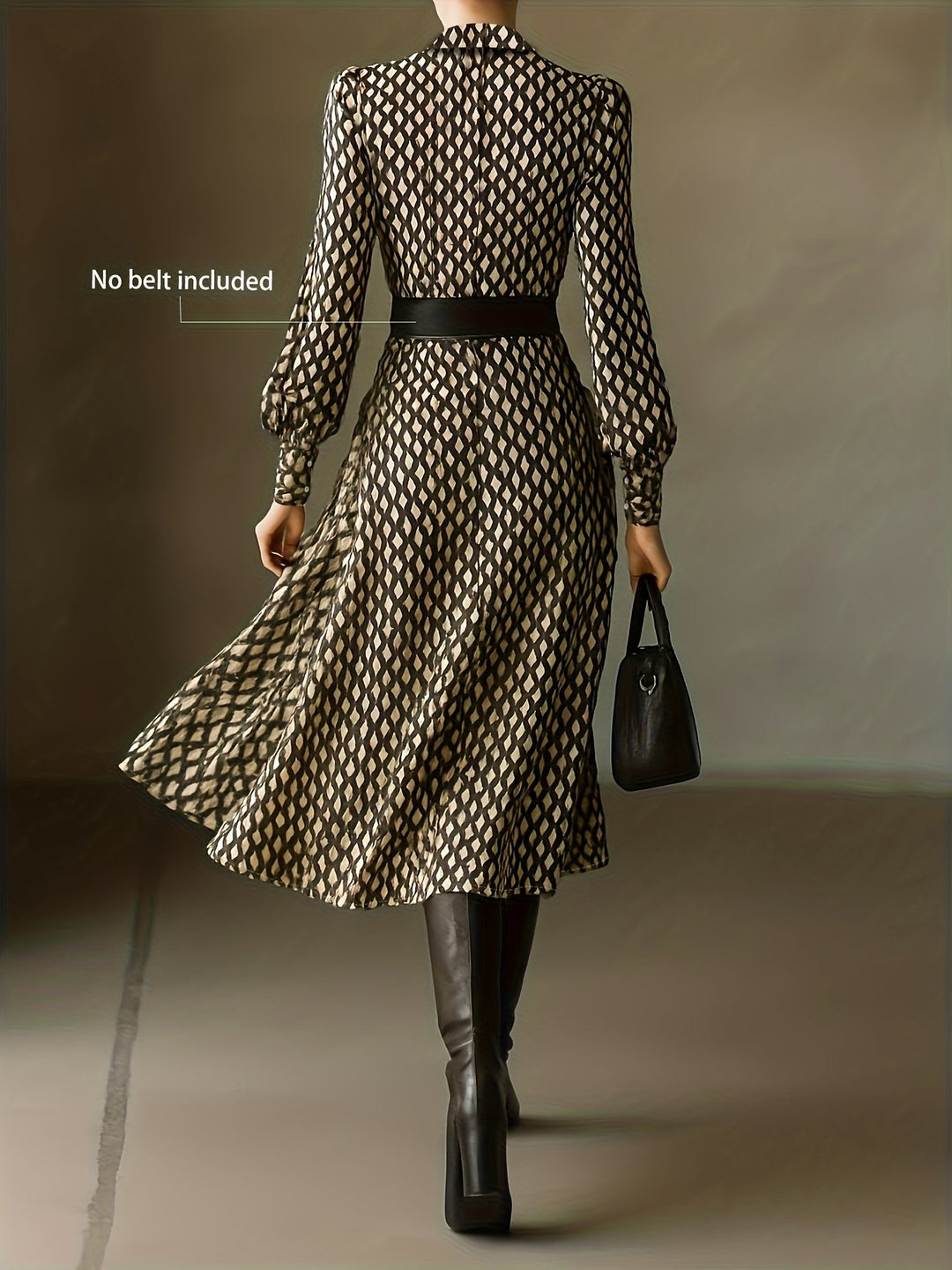 Women's elegant rhombus print midi dress. Long sleeve geometric pattern, perfect for occasion wear.