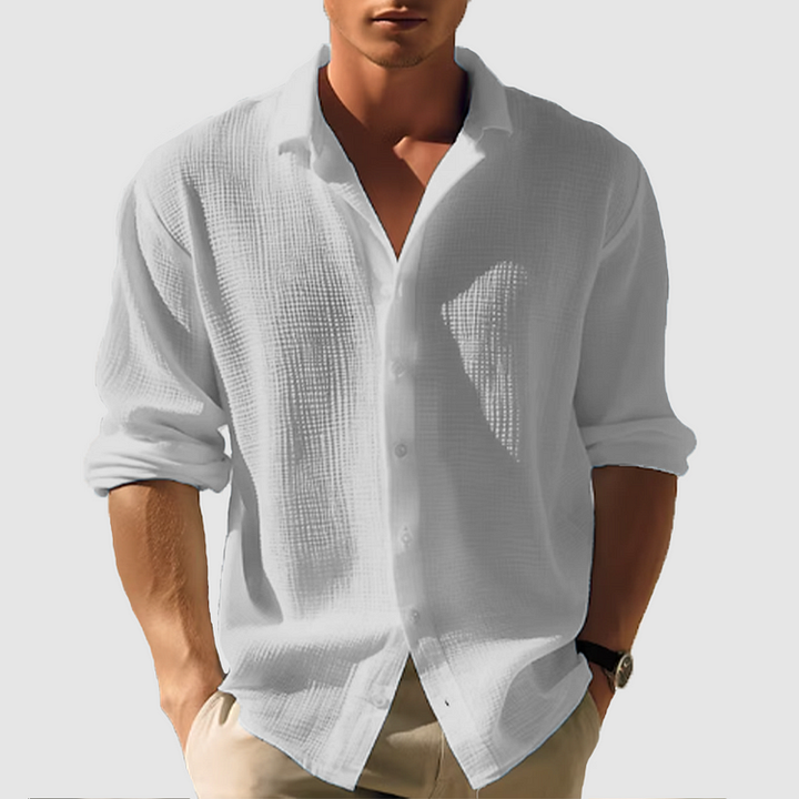 Back view of a man in a comfortable long sleeve textured weave button-down shirt, ideal for casual occasions.