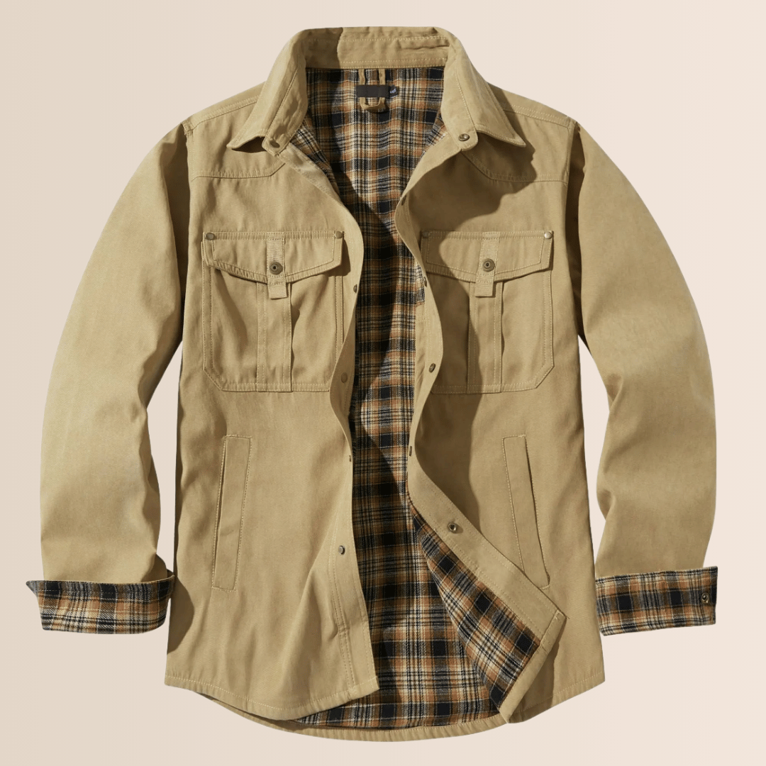 Men's rugged vintage plaid shirt jacket with full zip. Versatile western-style casual outerwear for all seasons.