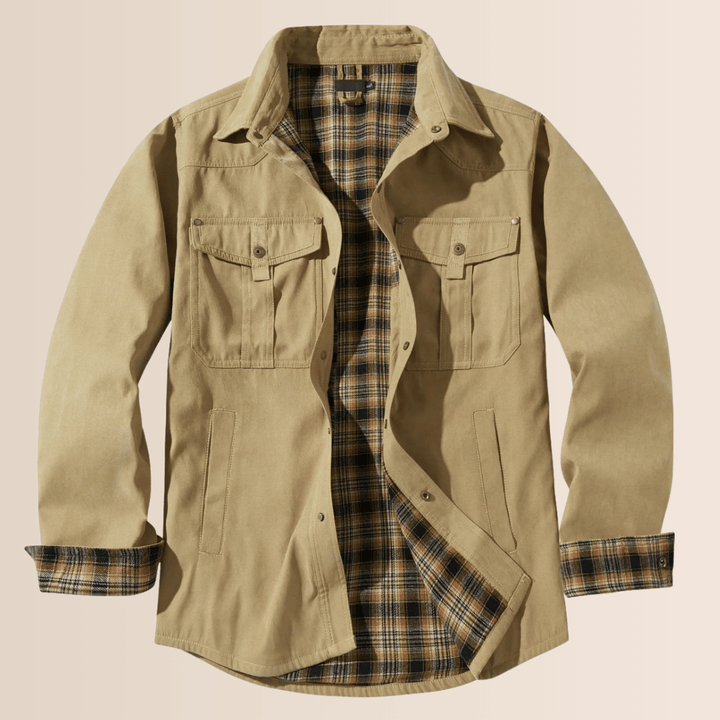 Men's rugged vintage plaid shirt jacket with full zip. Versatile western-style casual outerwear for all seasons.