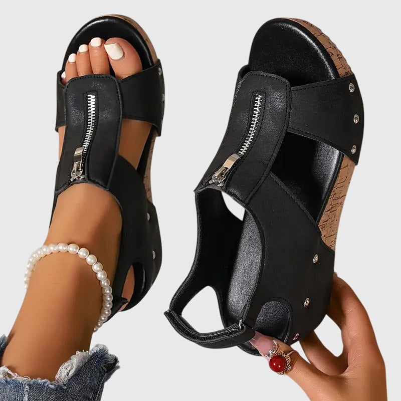 Women's orthopaedic comfort sandals with zipper, arch support, and wide fit for pain relief.