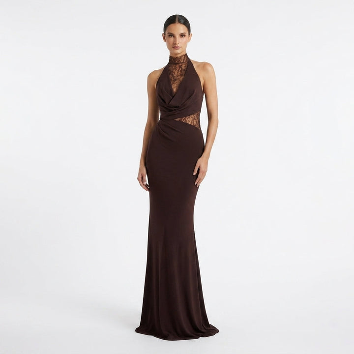 Women's sophisticated lace halter neck maxi dress, ideal for wedding guests & parties.