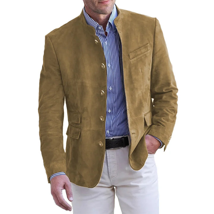 Casual men's classic button jacket in blue, gray, khaki, or lilac, providing stylish everyday outerwear.