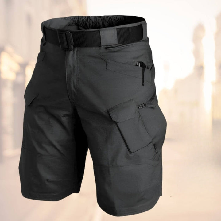 Grey men's adventure-ready cargo shorts, durable utility design with ample pockets for outdoor activities.