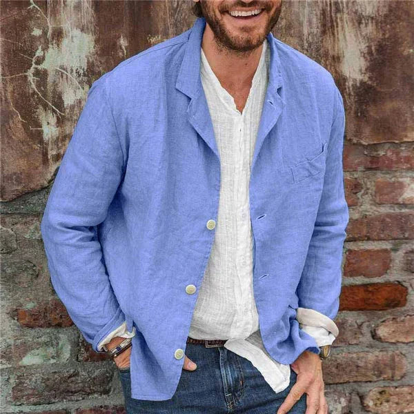 Stylish lightweight men's linen cotton jacket, button-front design, perfect for spring & summer fashion.