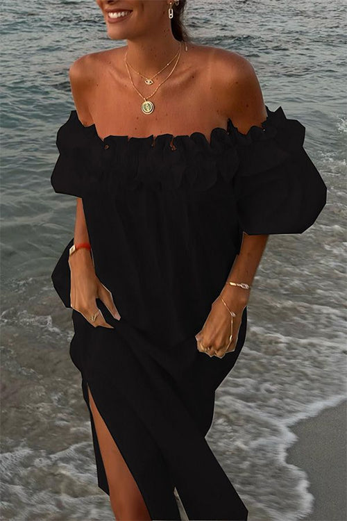 Flowy women's ruffle off-shoulder maxi dress with split, comfortable and stylish for summer vacations & resorts.