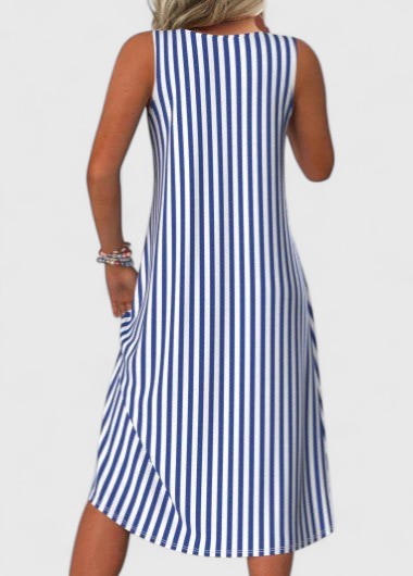 Striped women's sleeveless summer dress, perfect for a chic casual look or elegant brunch attire.