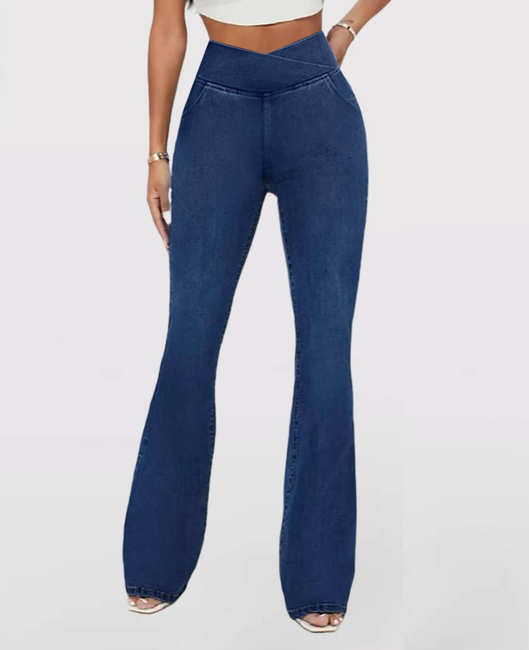 Grey high-waisted stretch denim jeans for women, comfortable and stylish for versatile fashion.