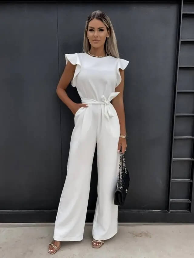 Elegant women's jumpsuit: wide leg, cinched waist belt, and sophisticated butterfly sleeves.
