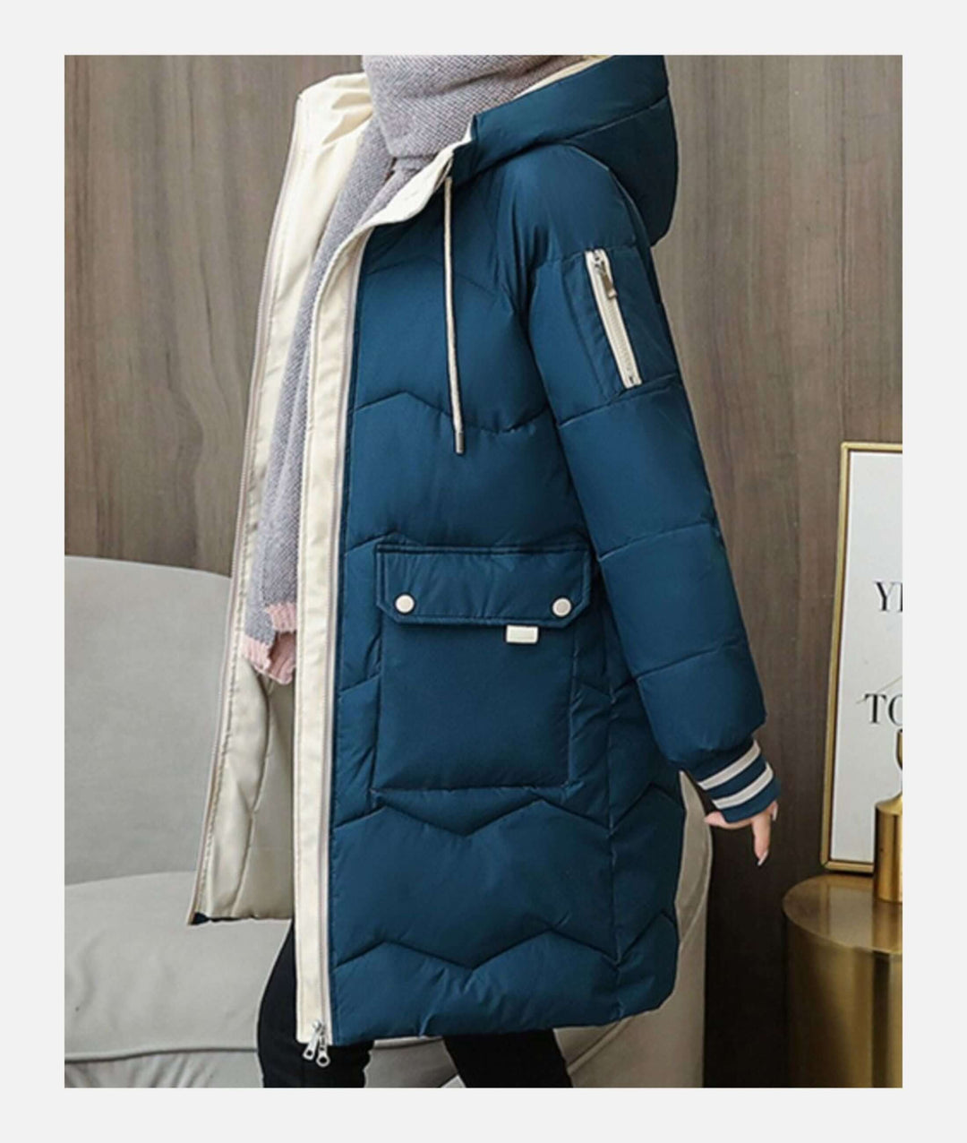 Comfortable women's long winter coat, cozy & fashionable outerwear for cold days.