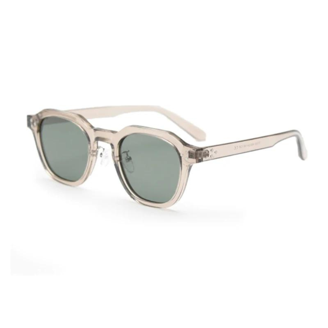 Translucent gray angular sunglasses, unisex, UV400 protection.