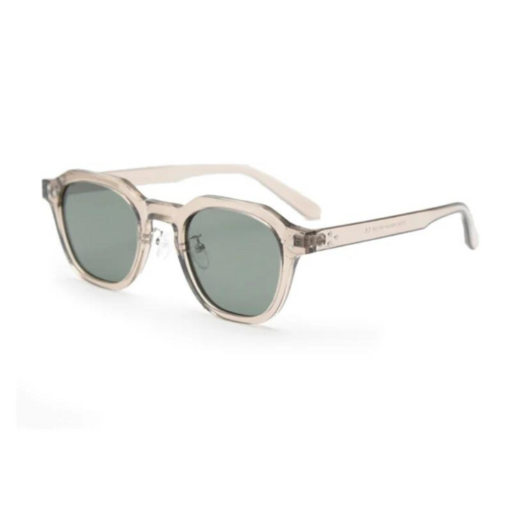 Translucent gray angular sunglasses, unisex, UV400 protection.