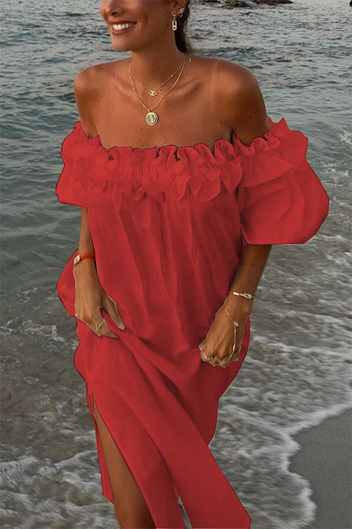 Chic women's off-shoulder maxi dress featuring ruffles & a sexy split, a must-have for summer vacation fashion.