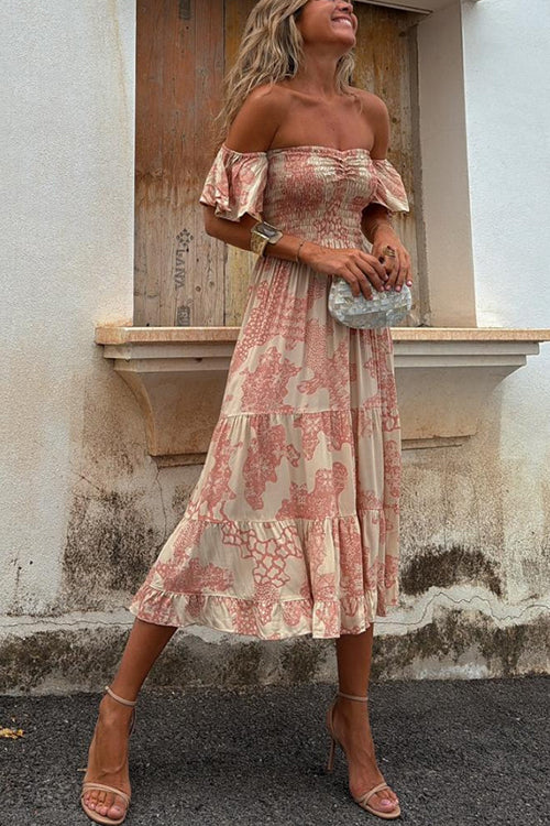 Women's off-shoulder pink midi dress featuring smocked bodice, tiered ruffles, and an elegant flowy design for summer.