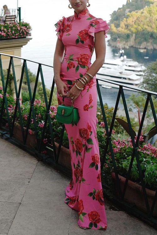 Feminine floral rose pattern maxi cheongsam dress for women, featuring stylish ruffled sleeves.