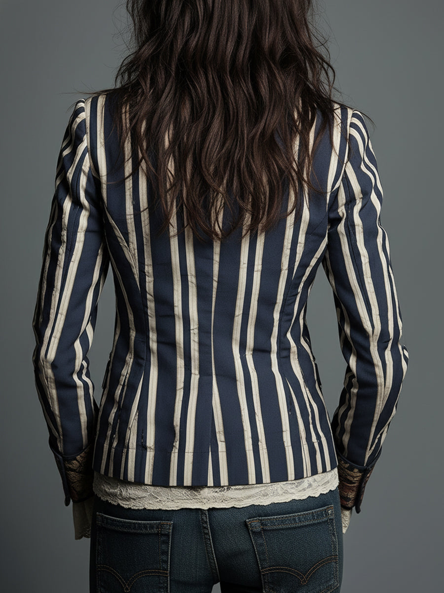 Chic women's retro blazer, featuring a stylish striped pattern and bohemian flair.