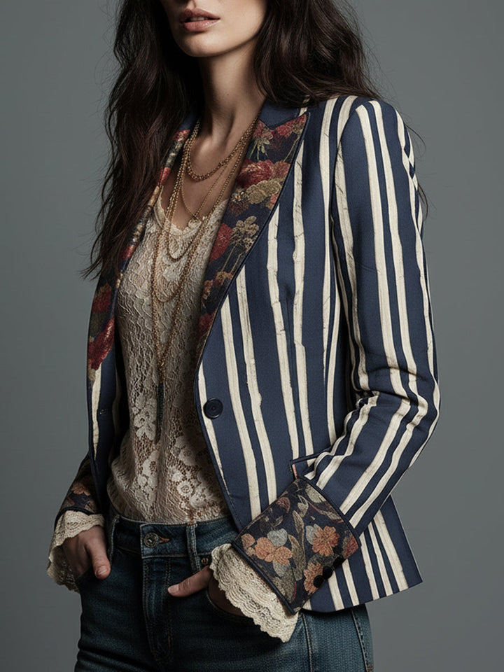 Classic women's blazer with a unique retro bohemian striped pattern.