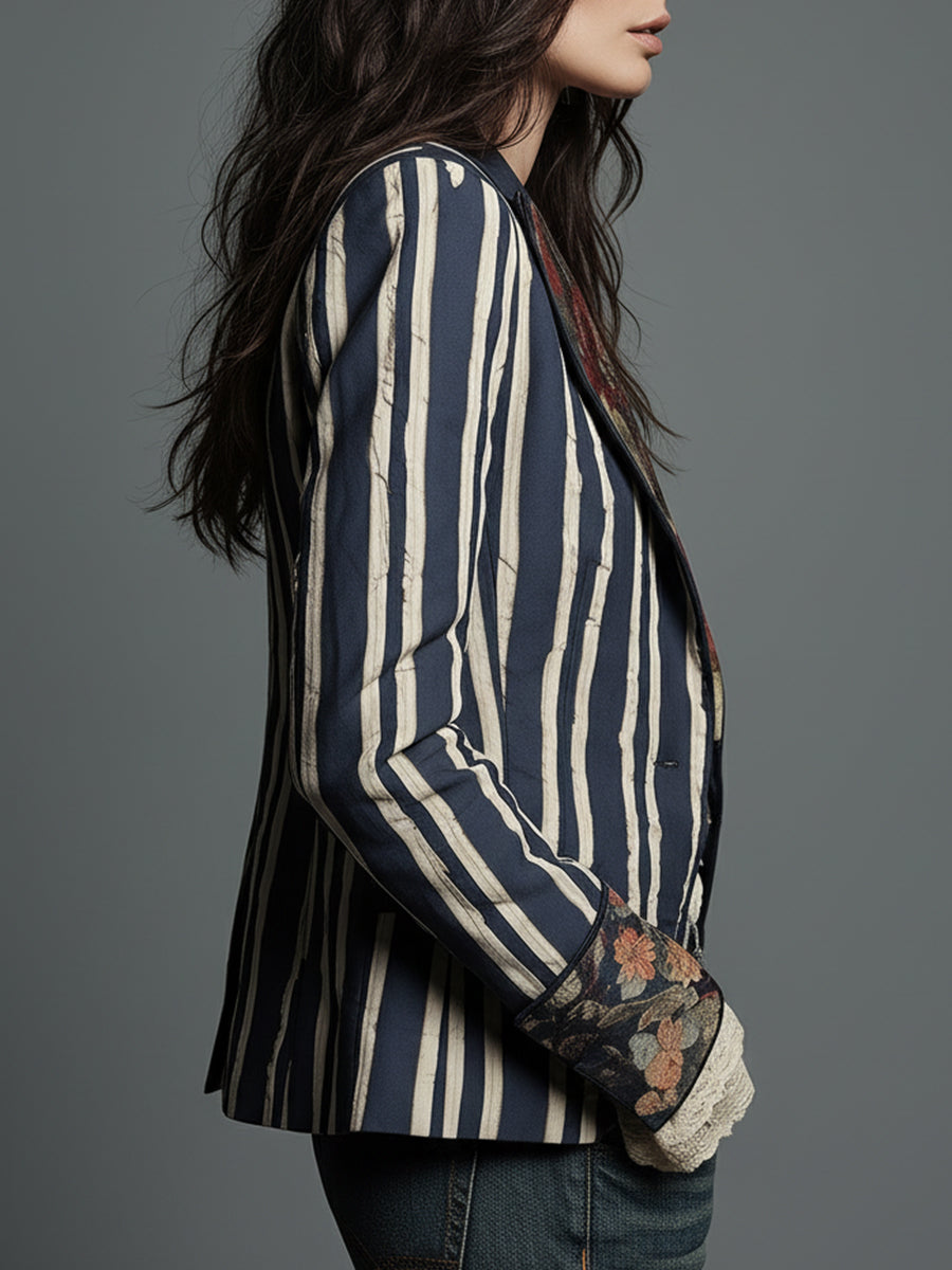 Tailored women's striped blazer, perfect for vintage-inspired layering fashion.
