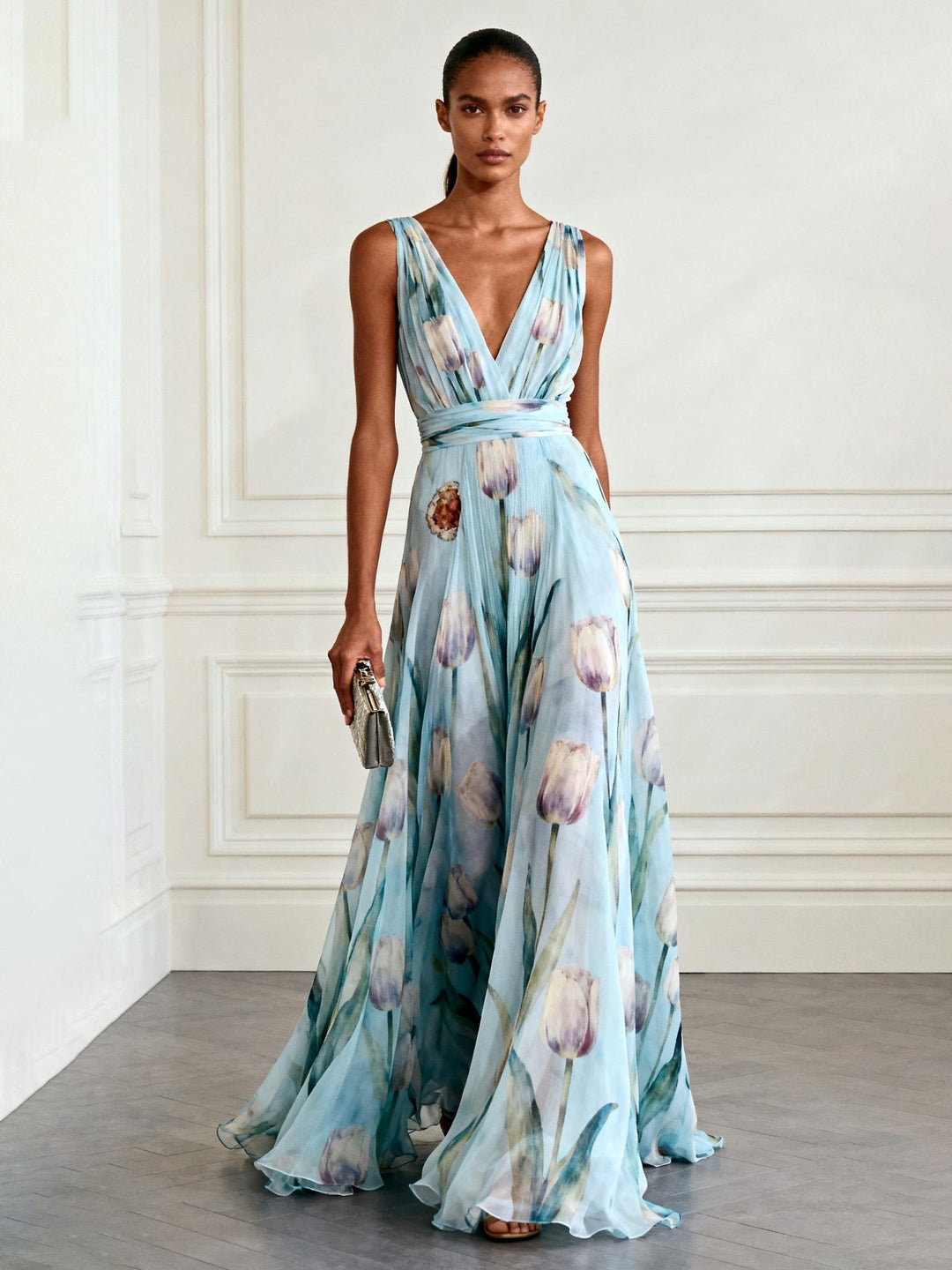 Elegant women's V-neck maxi dress with delicate tulip floral print, perfect for summer occasions.