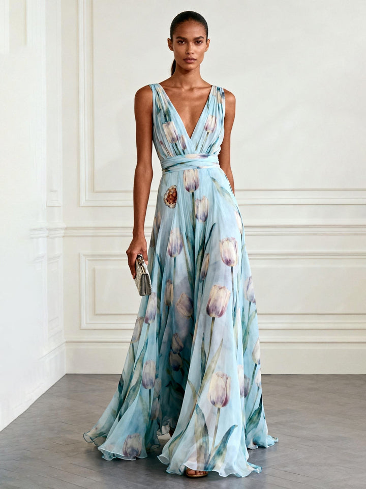Elegant women's V-neck maxi dress with delicate tulip floral print, perfect for summer occasions.