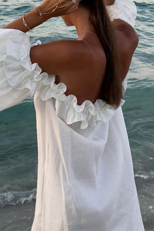 Women's off-shoulder ruffle maxi vacation dress with split, perfect for summer beach holidays.