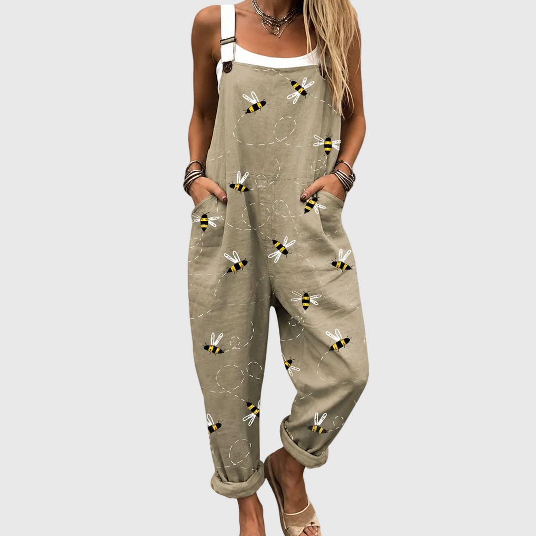 Women's relaxed fit overalls jumpsuit with delicate bee design, perfect for casual summer & spring wear.