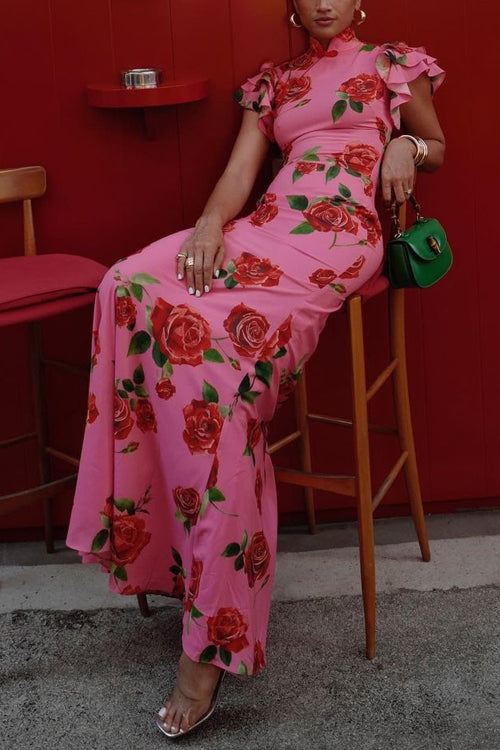 Beautiful women's formal cheongsam maxi dress with ruffled sleeves & delicate rose pattern, comfortable for parties.