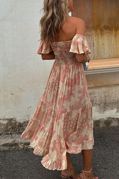 Pretty pink off-shoulder smocked midi dress for women, with tiered ruffles, bringing holiday vibes to any party.