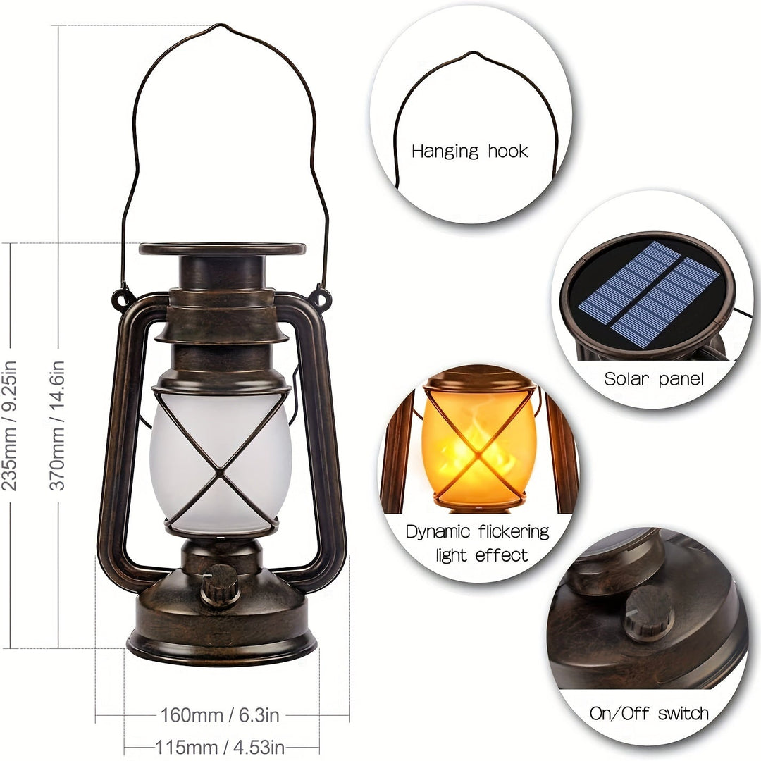Set of 2 solar garden lanterns, featuring realistic flickering LED flames for vintage outdoor patio lighting.