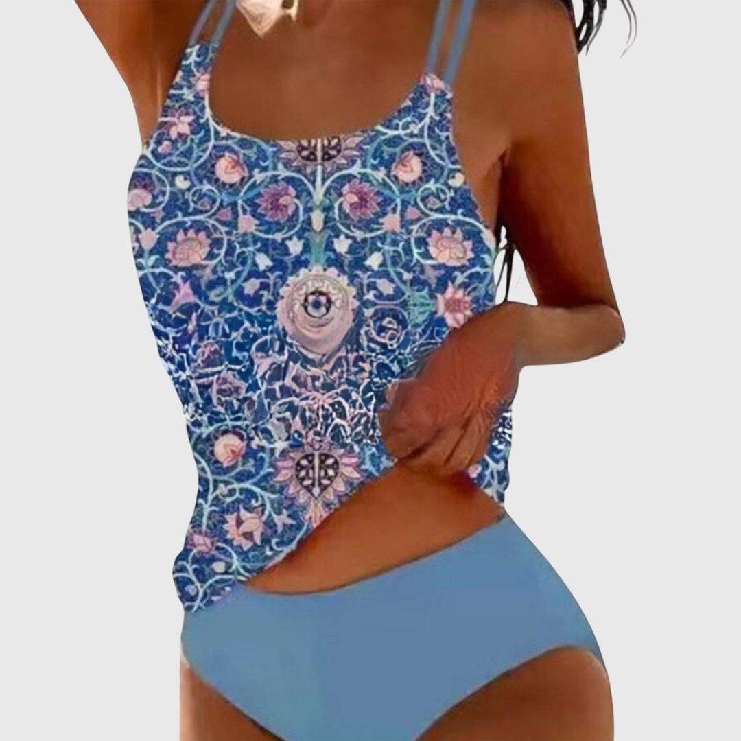 Women's vibrant printed strappy tankini top & bottom swimsuit set, trendy beachwear for summer & vacation.