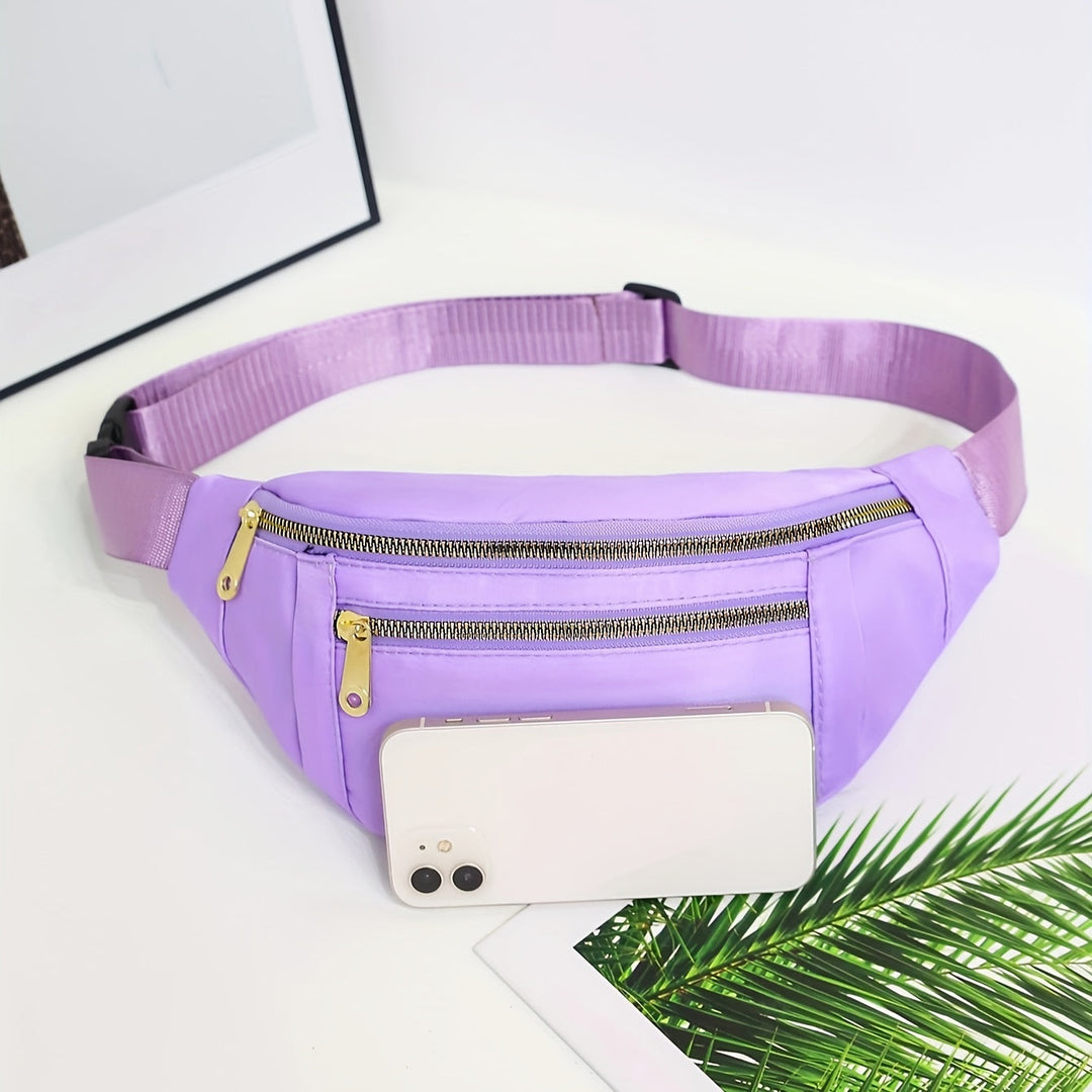 Women's lightweight crossbody fanny pack with ample multi-zip pockets & adjustable strap for storage.