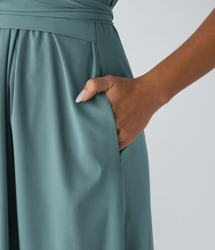 Women's elegant V-neck wrap midi dress. Short-sleeve, high-waist, versatile all-season casual and formal. [[lstfy-media:14]]