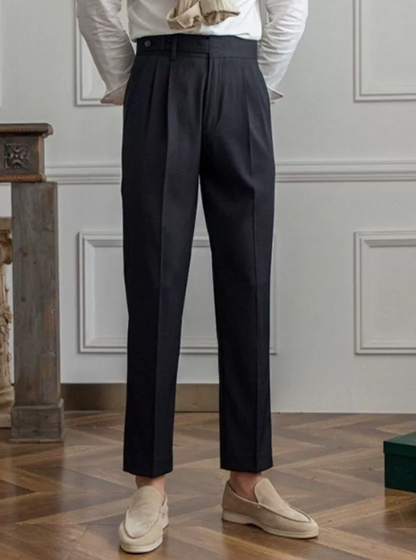 Men's tailored flat front straight leg trousers in khaki, ideal for smart casual or formal wear.