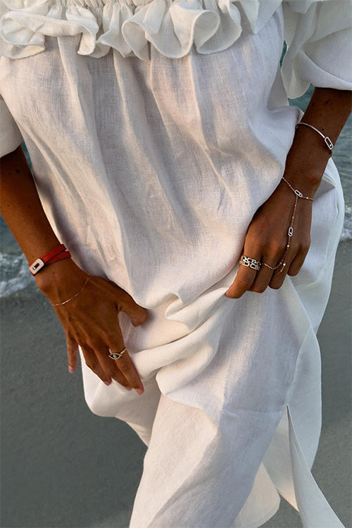 Elegant boho women's ruffle off-shoulder maxi dress with a stylish split, ideal for casual summer vacations.