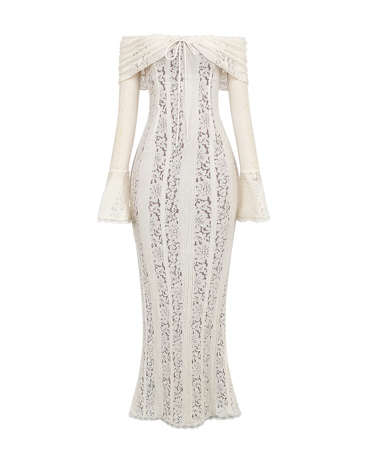 Stunning off-shoulder floral lace maxi dress, a chic long cream gown for formal wear & special events.