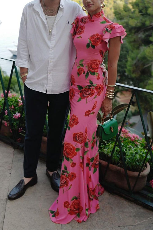 Stunning women's long cheongsam dress, adorned with a vibrant rose pattern & graceful ruffled sleeves.