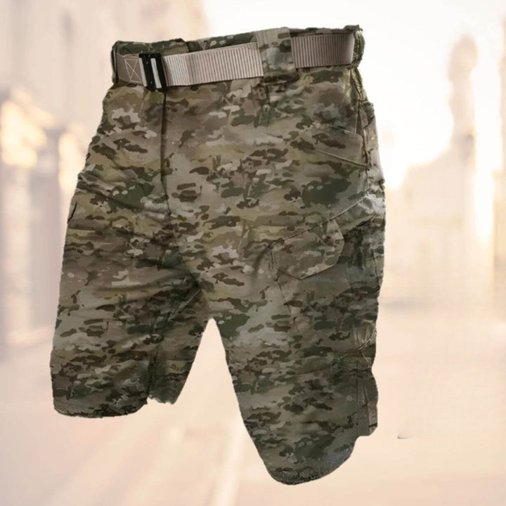 Casual khaki men's utility shorts, multi-pocket cargo design, ideal for everyday wear & summer outings.