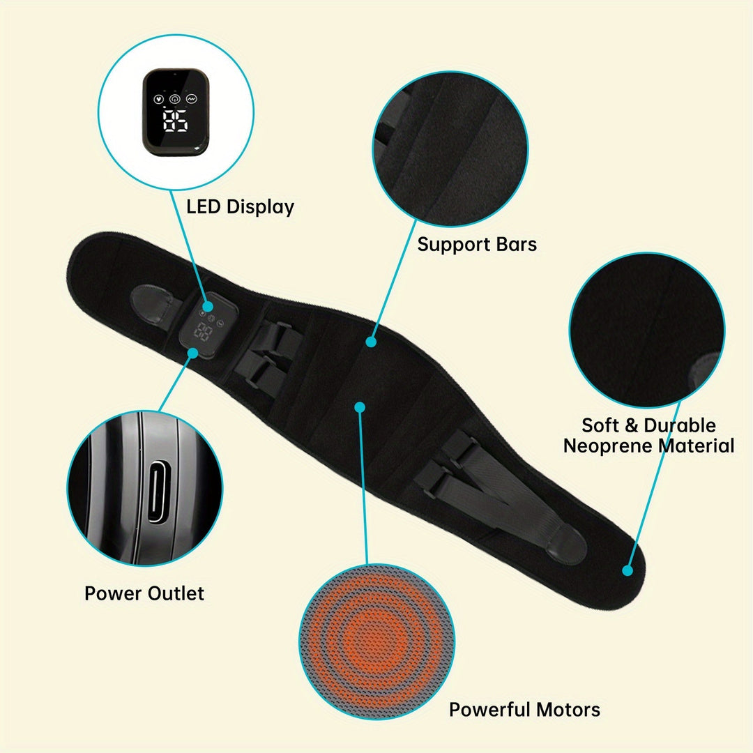 Ergonomic wireless heated massage belt for comfortable back & waist pain relief and wellness.