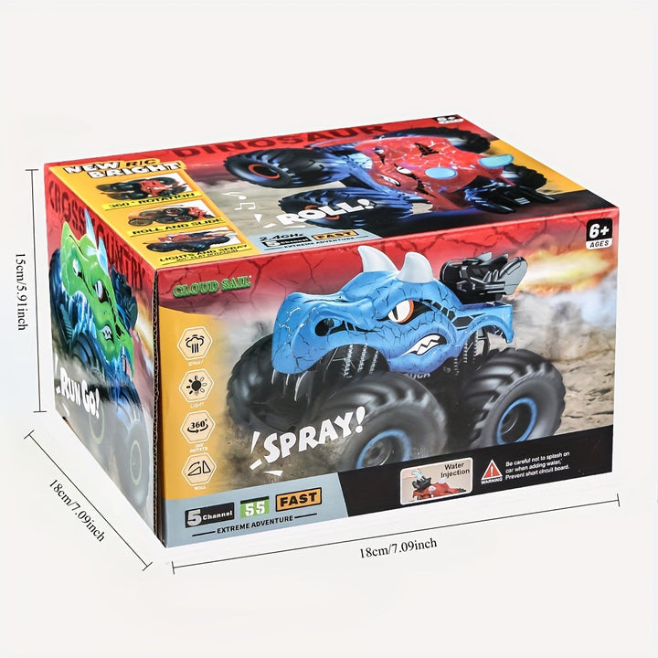 DinoBlaze RC monster truck performing a 360 stunt with smoke & LED lights. Exciting remote control kids toy.