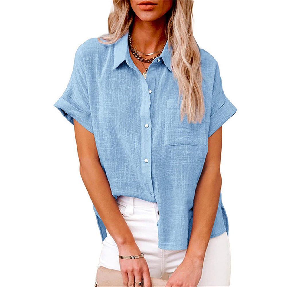 Chic women's relaxed fit blouse, featuring a button front & short sleeves, suitable for everyday wear.