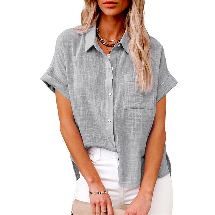 Lightweight women's relaxed blouse with button front, a versatile short sleeve top for casual or office wear.