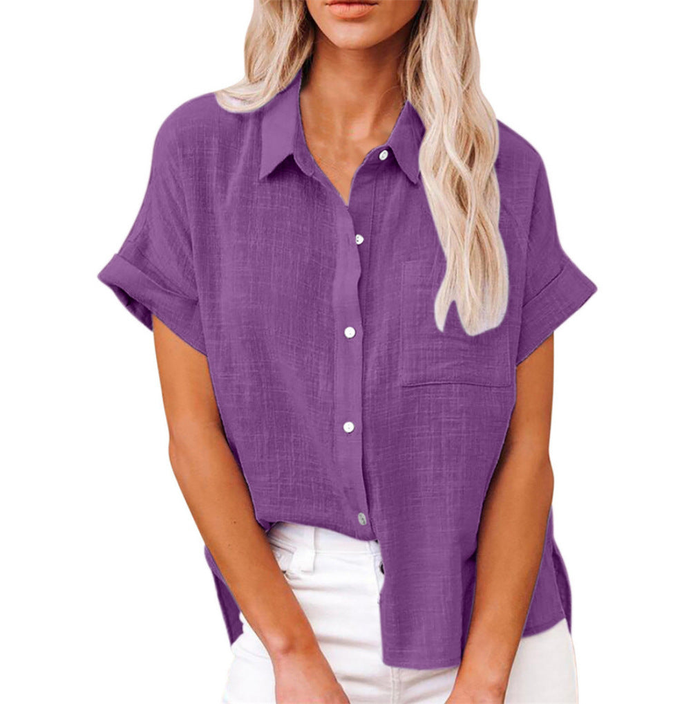 Women's relaxed button front short sleeve blouse, an excellent office casual or chic summer fashion top.