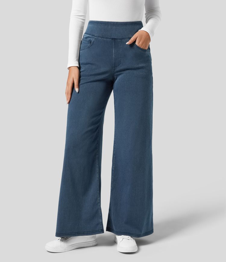 Women's comfortable dark blue high-waisted wide-leg stretch trousers, elastic waist, casual chic.